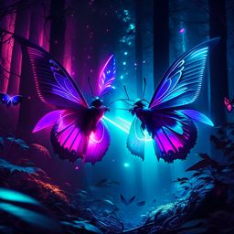 mothman vs mothra - winged entities engage in a mystical dance amidst the glowing lights of a dark forest. 