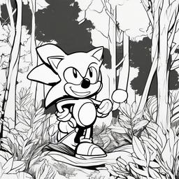 drawing of Sonic The Hedgehog in a forest environment  minimal rough sketch scribbles,doodles,black and white