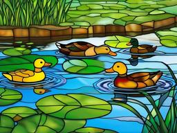 Stained Glass Duck Pond - Ducks swimming in farm pond  