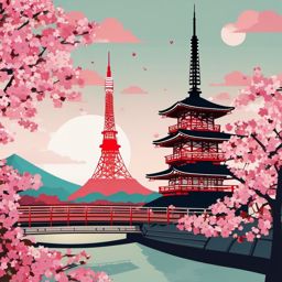 Tokyo clipart - Tokyo Tower and Cherry Blossoms in Japan,  color vector clipart