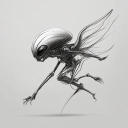 drawing of an alien flying  minimal rough sketch scribbles,doodles,black and white