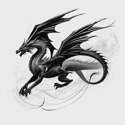 drawing of a fiery dragon in flight  minimal rough sketch scribbles,doodles,black and white