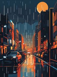 Rainy cityscape at dawn sticker- Urban awakening, , sticker vector art, minimalist design