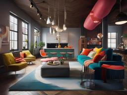 In the loft, surrealist interior design incorporates eclectic furnishings, vibrant colors, and playful decor that create a stylish and imaginative living area.  