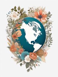 Floral Continent Collage - Earth-themed tattoo adorned with floral representations of continents.  outline color tattoo,minimal,white background