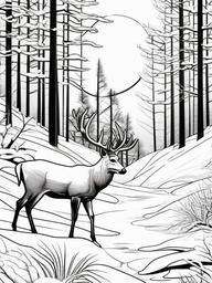 Winter Landscape with Deer Coloring Pages - Majestic Deer in Winter Forests  minimal black outline printable sheet, coloring page