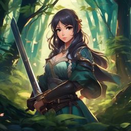 Skilled swordswoman in an enchanted forest.  front facing ,centered portrait shot, cute anime color style, pfp, full face visible