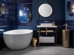 A bathroom with cosmic chic interior design incorporates deep blue tiles, silver fixtures, and a celestial mirror that reflects the light, creating a serene oasis reminiscent of the cosmos.  