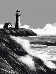 drawing of a lighthouse by the ocean  minimal rough sketch scribbles,doodles,black and white