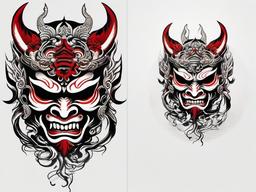 Demon Mask Japanese Tattoo-Artistic and cultural tattoo featuring a Japanese demon mask, capturing traditional and symbolic aesthetics.  simple color tattoo,white background