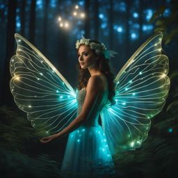 enchanted forest fairy illuminating the night with her bioluminescent wings. 