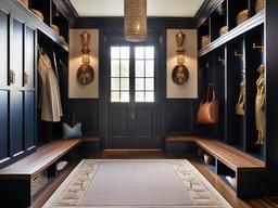 A mudroom designed with Egyptian Revival interior design includes ornate storage solutions, decorative elements, and a color palette that reflects the grandeur of ancient architecture.  