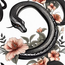 Black mamba with floral details ink. Serpent in a dark bloom.  color tattoo, white background