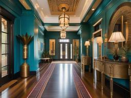 The foyer features Egyptian Revival interior design with bold colors, decorative columns, and vibrant decor that welcomes guests with a sense of historical grandeur.  