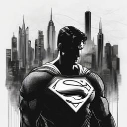 drawing of Superman with Metropolis skyline  minimal rough sketch scribbles,doodles,black and white