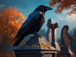 Ebon raven, perched atop a weathered gravestone in a forgotten cemetery, serves as a sentinel between the realms of the living and the dead. hyperrealistic, intricately detailed, color depth,splash art, concept art, mid shot, sharp focus, dramatic, 2/3 face angle, side light, colorful background
