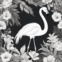 drawing of a flamingo in a floral background  minimal rough sketch scribbles,doodles,black and white