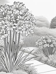 Agapanthus coloring page sheet - Agapanthus flowers blooming in a well-kept garden border.  black outline printable coloring page