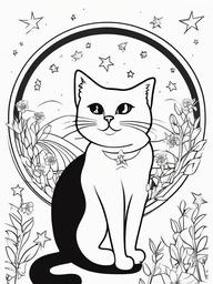 Kitty with Stars and Moon Coloring Pages - Starry Sky with a Curious Kitty  minimal black outline printable sheet, coloring page