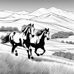 horse coloring pages - horses gallop through a picturesque valley in the countryside. 