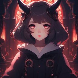 Adorable demon character in a charming underworld.  front facing ,centered portrait shot, cute anime color style, pfp, full face visible
