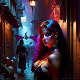 succubi seducing unsuspecting travelers in the dimly lit alleyways of a bustling city. 