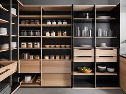 The pantry showcases Bauhaus interior design with practical shelving, simple cabinetry, and an organized layout that makes food storage both functional and visually appealing.  