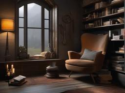 In the reading nook, Post-Apocalyptic interior design highlights a cozy chair, a mix of layered textiles, and rugged decor that create a perfect space for enjoying books and reflection.  