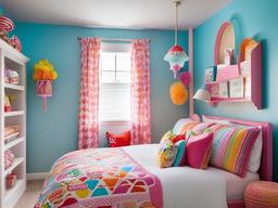 Candy Land guest bedroom offers playful bedding, colorful accents, and candy-themed decor, ensuring a cheerful and inviting space for visitors.  