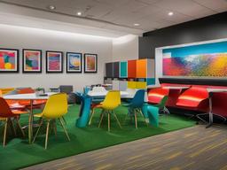 In the office break room, Pop Art interior design includes colorful furniture, vibrant artwork, and an energetic ambiance that encourages relaxation and socialization among employees.  