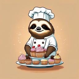 Sloth with a chef's hat baking tiny sloth-sized cupcakes.  colors,professional t shirt vector design, white background