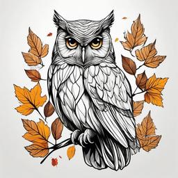 drawing of an owl with autumn leaves  minimal rough sketch scribbles,doodles,black and white