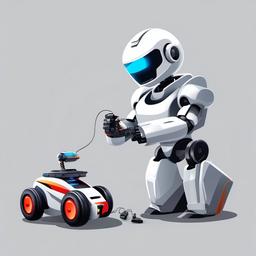 Robot playing with a remote control car clipart.  vector style illustration, white background