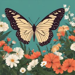 Butterfly in the Garden clipart - Butterfly in a blooming garden, ,vector color clipart,minimal