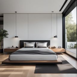 modern bedroom with a platform bed and a minimalist design. 