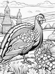 turkey coloring pages - turkeys gather for a grand feast in a festive thanksgiving scene. 