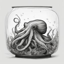 drawing of an octopus in a tank  minimal rough sketch scribbles,doodles,black and white