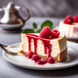 a slice of decadent white chocolate raspberry cheesecake, with swirls of raspberry coulis. 