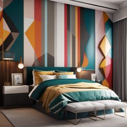 Geometric Modern Bedroom - Design a modern bedroom with geometric patterns and shapes. , bedroom interior decor design ideas, multicoloured, photo realistic, hyper detail, high resolution,