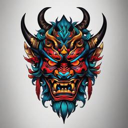 oni mask tattoo colored  simple color tattoo,white background,minimal
