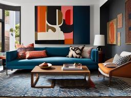 Modern eclectic living room with West Elm modular sofas, a Jonathan Adler coffee table, and CB2 bold, patterned rugs.  