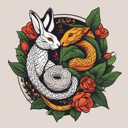 snake and rabbit tattoo  minimalist color tattoo, vector