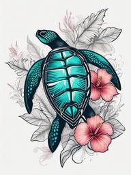 Sea Turtle and Hibiscus Tattoo - Celebrate the tropical allure with a sea turtle and hibiscus tattoo, combining  simple color tattoo,minimal vector art,white background