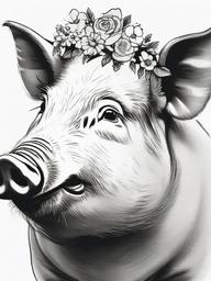 drawing of a pig with a flower crown  minimal rough sketch scribbles,doodles,black and white