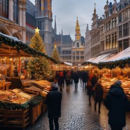 Christmas Desktop Wallpaper - Festive Market in Brussels' Grand-Place  wallpaper style, intricate details, patterns, splash art, light colors