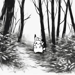 drawing of Pikachu in a forest  minimal rough sketch scribbles,doodles,black and white