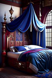 medieval castle bedroom with regal canopied bed and heraldic banners. 