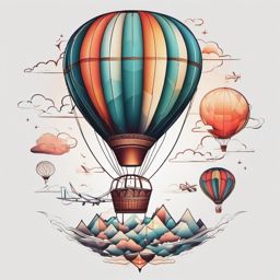 Hot air balloon and airplane in the sky, blending different modes of travel in a whimsical scene. Colored tattoo designs  color tattoo minimalist white background