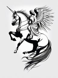 Angel on Horse Tattoo - Depict an angel riding a horse in a tattoo, creating a celestial and mystical portrayal that symbolizes guidance, protection, and divine intervention.  simple tattoo,minimalist,white background