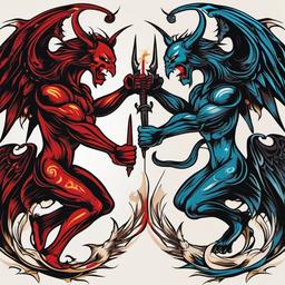 Demons and Angels Fighting Tattoos-Choosing a symbol of cosmic conflict with tattoos depicting demons and angels fighting, symbolizing the eternal battle.  simple vector color tattoo